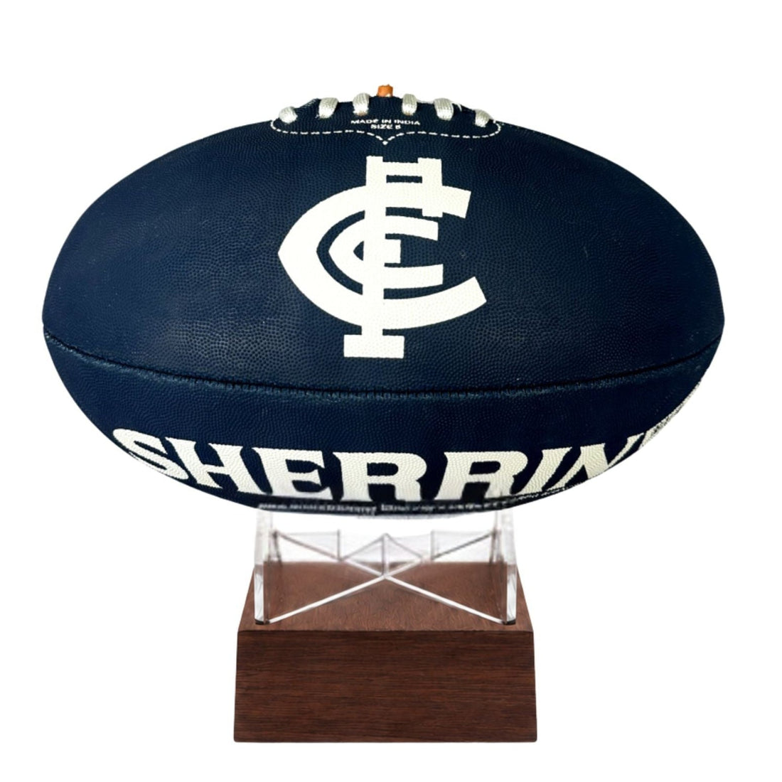 A Carlton BLues AFL football urn with a white logo and &