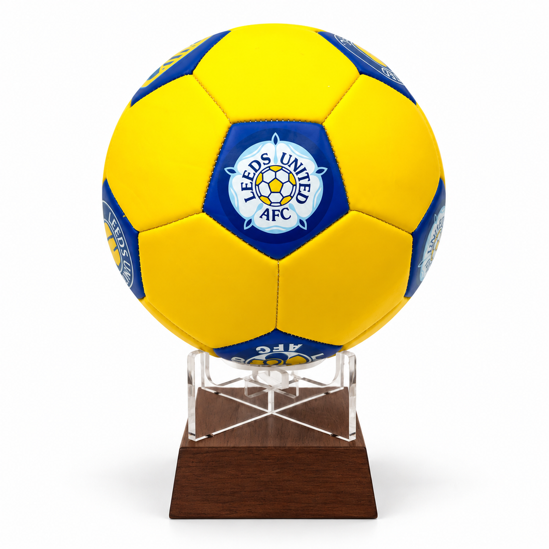 Leeds United FC football urn yellow with blue and white logo on wooden stand