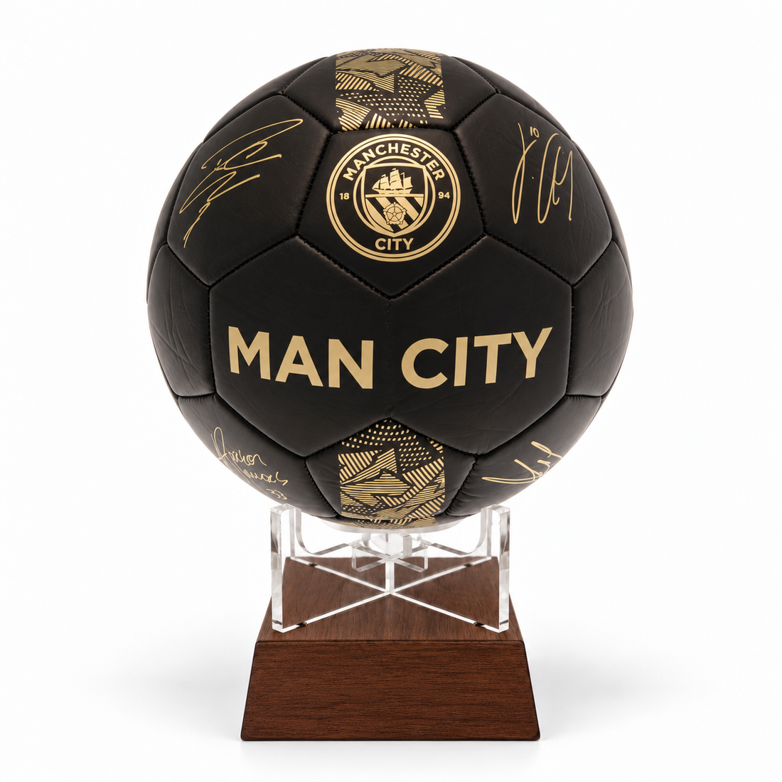 Manchester City black signature football urn on timber stand 