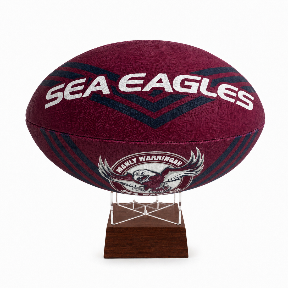 A maroon and navy blue rugby ball with &