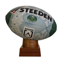 Maori Rugby League Football Urn for Ashes with personalised timber display stand