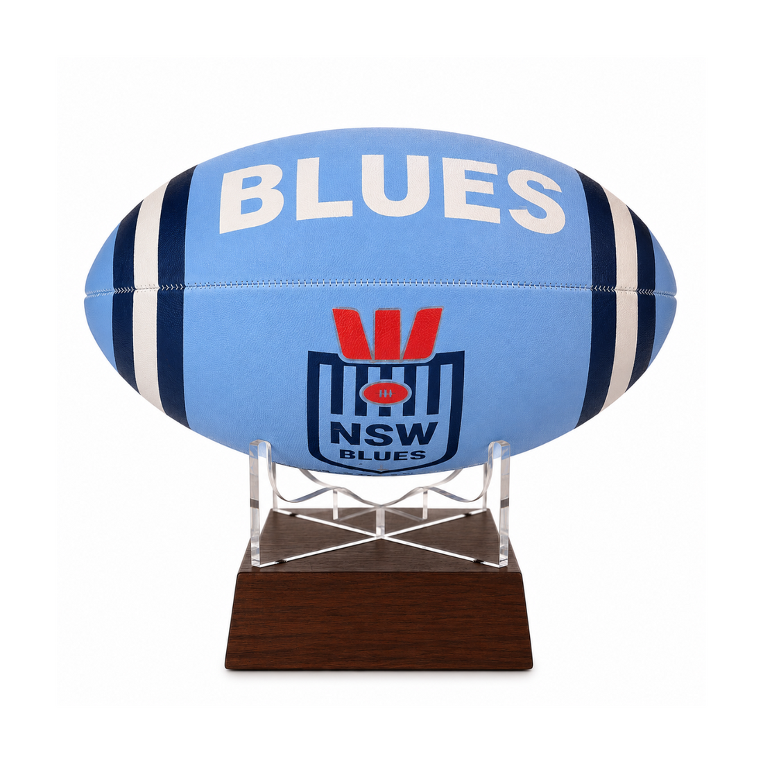 A light blue NSW Blues rugby ball mounted on a clear acrylic stand with a dark brown wooden base, shown against a plain white background.