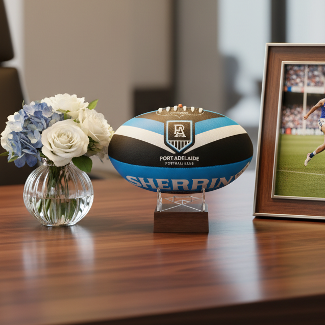 A blue, black, and white Port Adelaide AFL ball urn on a small wooden stand sits on a polished wooden table, flanked by a small vase of white and blue flowers and a framed photo of a rugby player. The background is a softly blurred modern office interior.