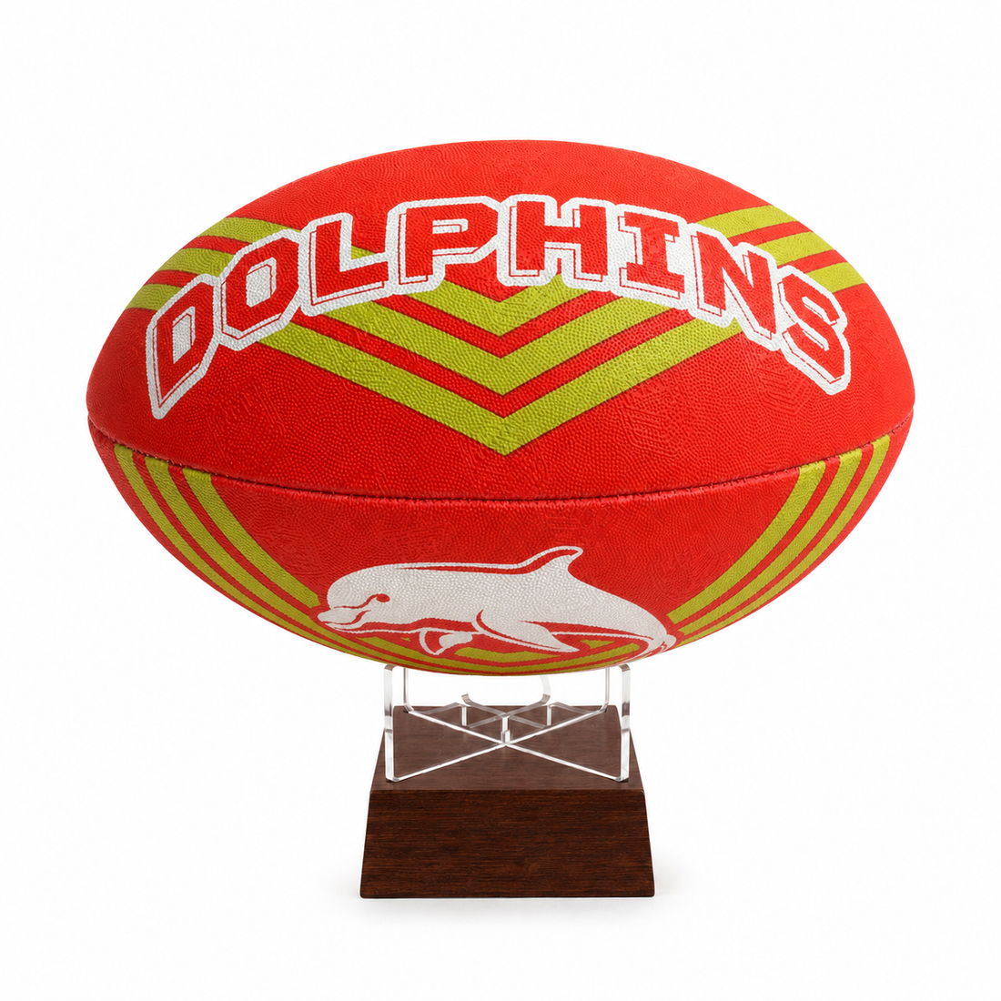 A red rugby ball with &