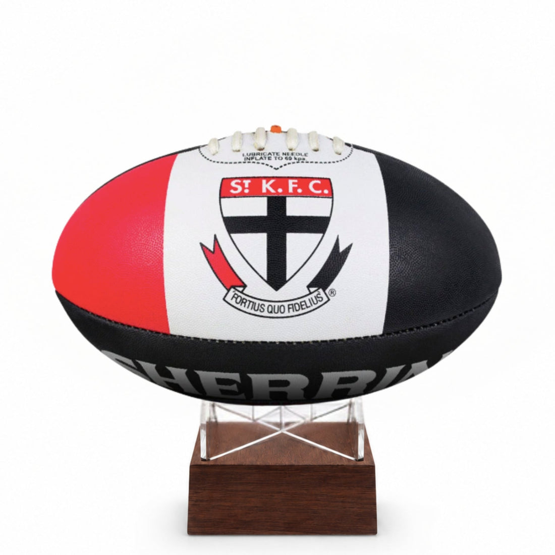 St Kilda AFL football urn red white and black on perspex and timber stand