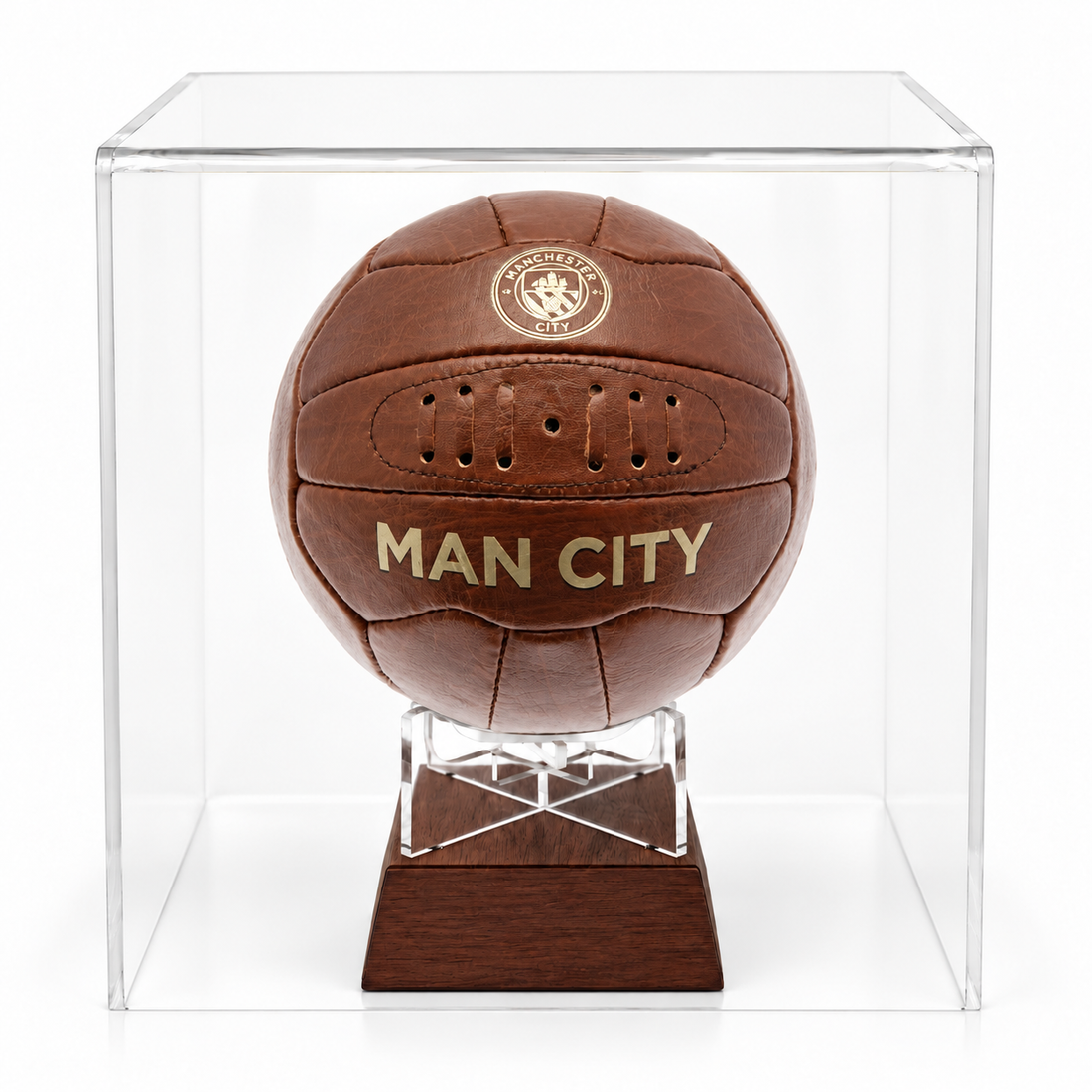 Manchester City Vintage Leather football urn on timber stand in perspex display case