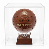 Manchester City Vintage Leather football urn on timber stand in perspex display case