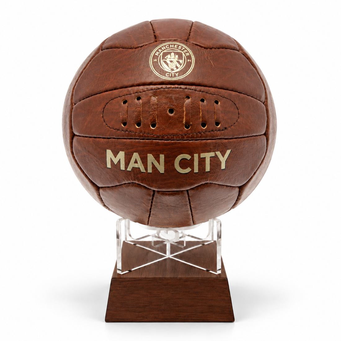 Manchester City Vintage Leather football urn on timber stand 