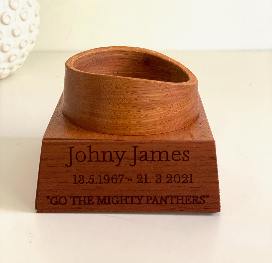 Football Urn for Ashes with personalised timber display stand